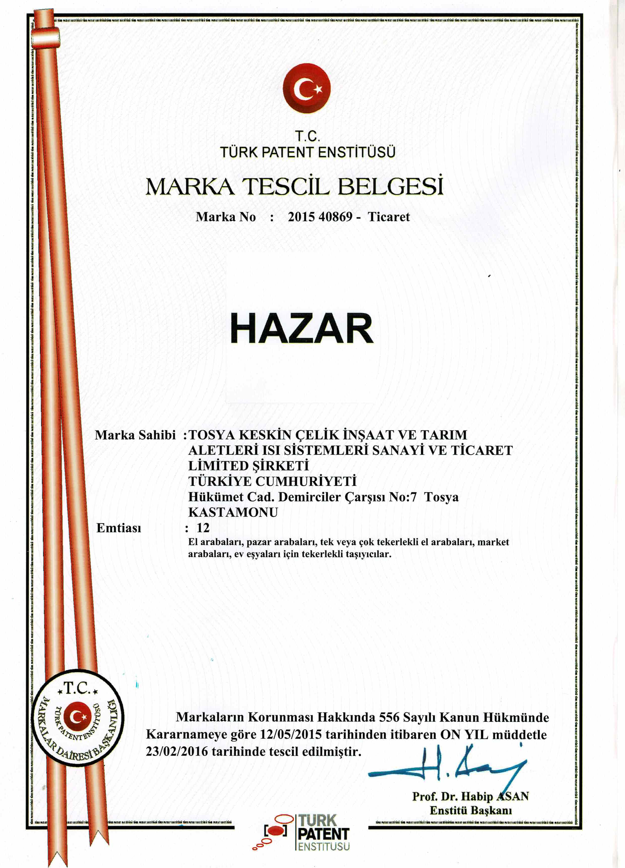 Сертификат регистрации торговой марки HAZAR