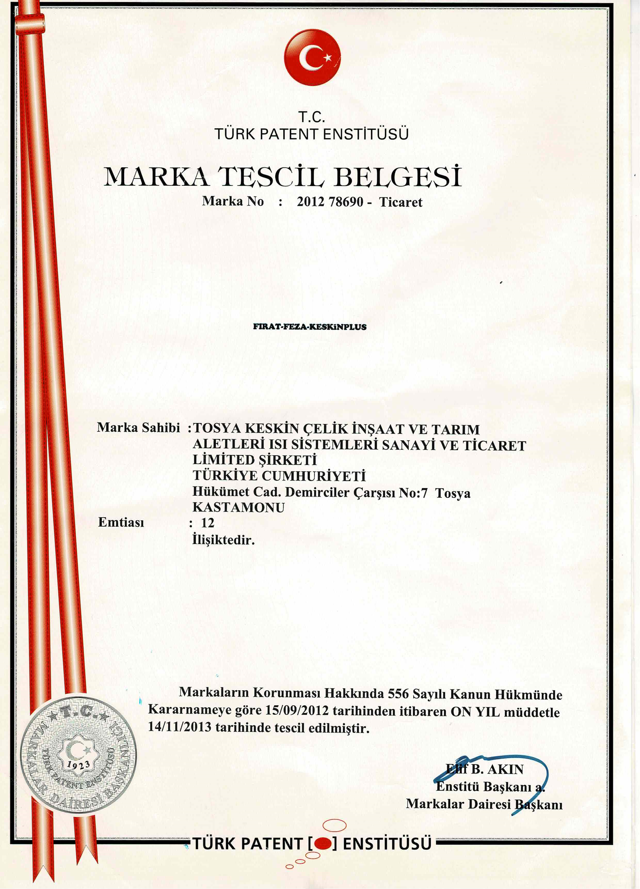FIRAT-FEZA-KESKIN PLUS MARKA TESCİL BELGESİ