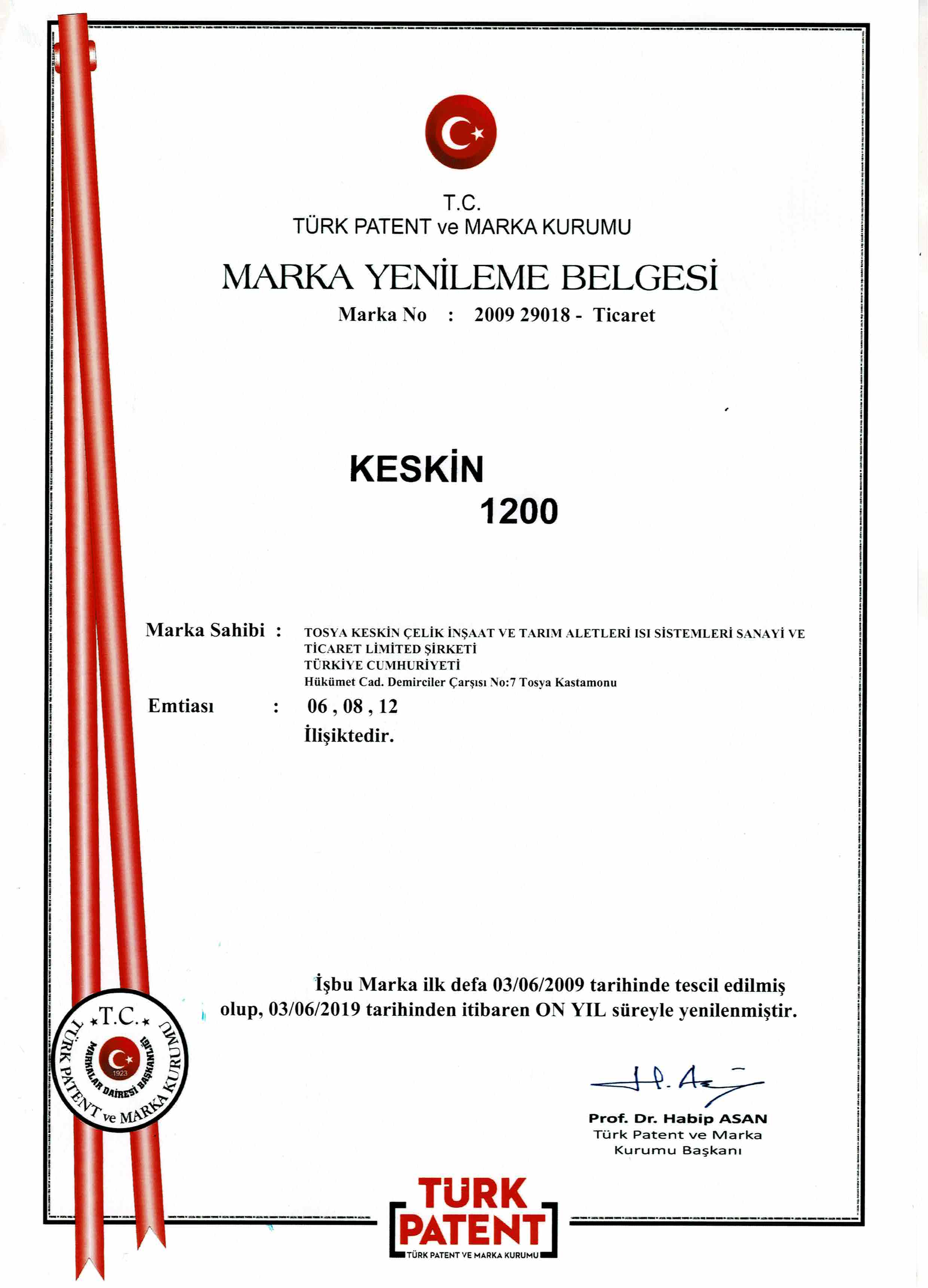 KESKIN 1200 MARKA YENİLEME BELGESİ
