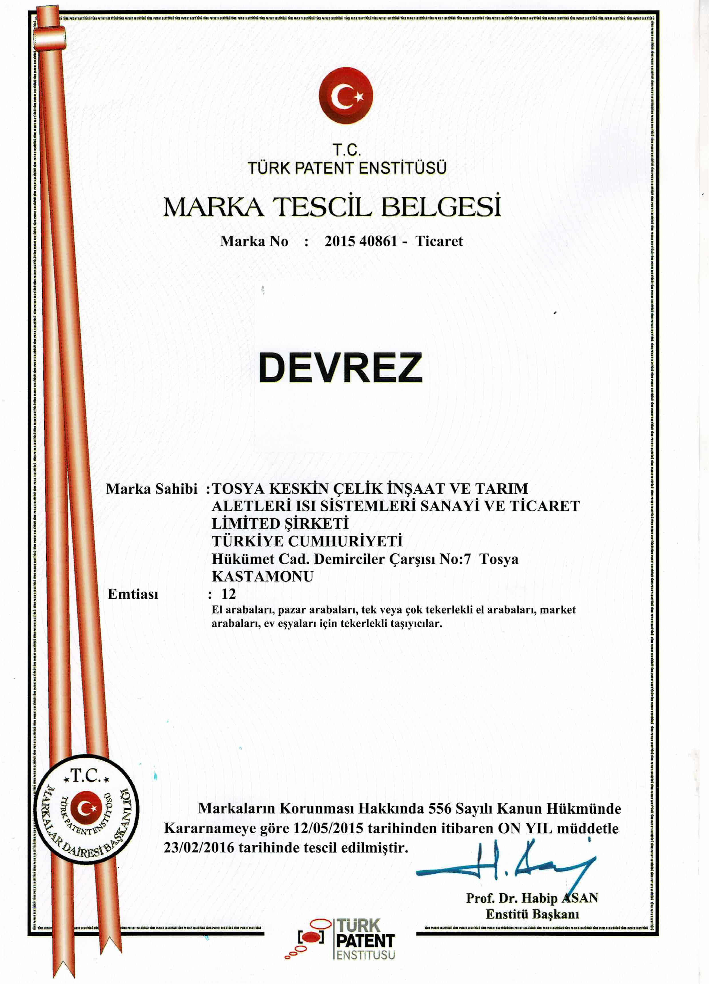 DEVREZ MARKA TESCİL BELGESİ