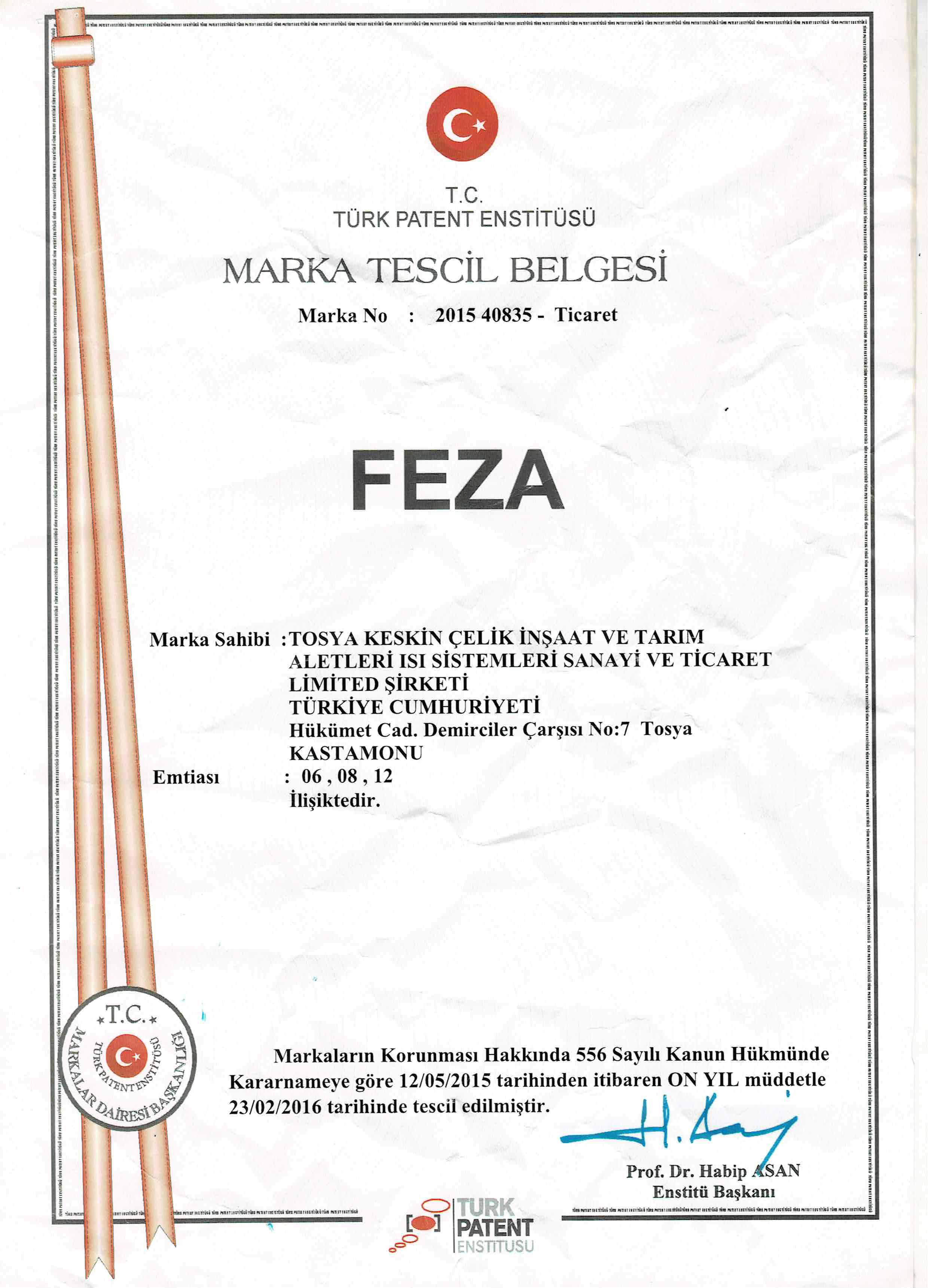 FEZA MARKA TESCİL BELGESİ