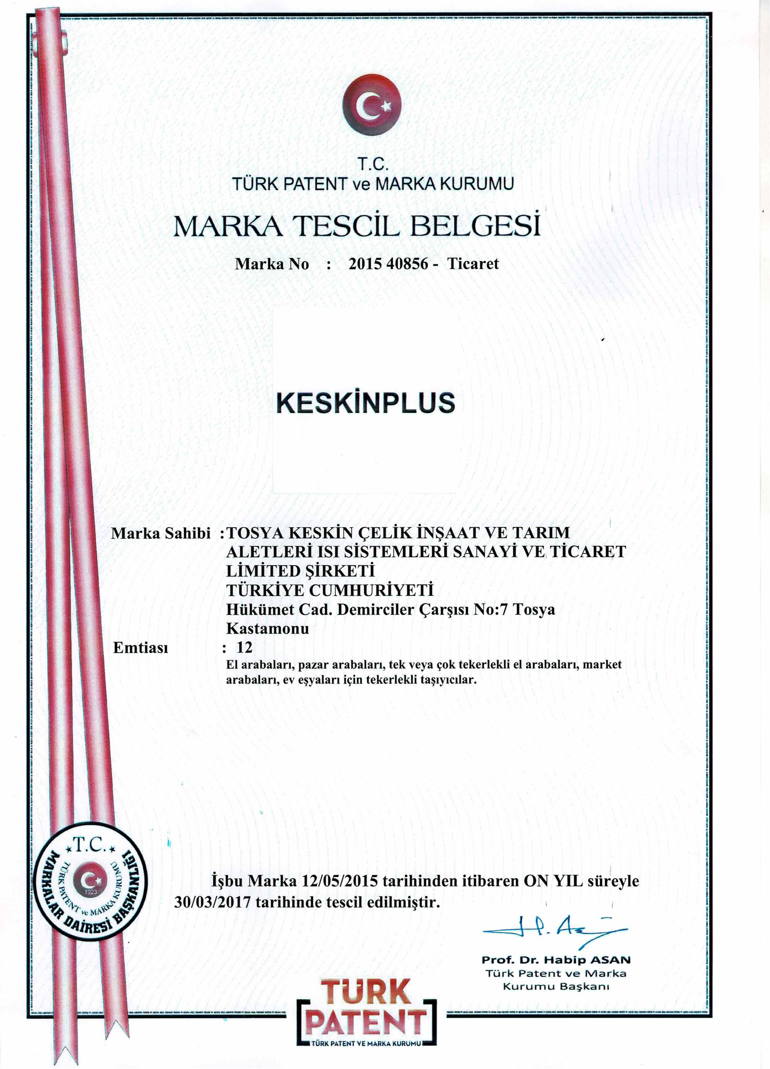 KESKIN PLUS MARKA TESCİL BELGESİ